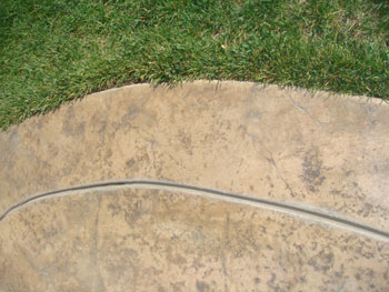 Curved concrete mow strip separating lawn from flower bed in Elk Grove, CA