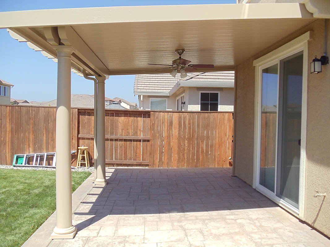 Custom stamped concrete patio with fire pit area installed by Delta Construction in Elk Grove, CA